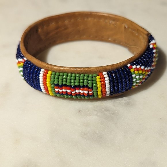 Handmade Beaded African Leather Cuff Bracelet - Picture 6 of 6